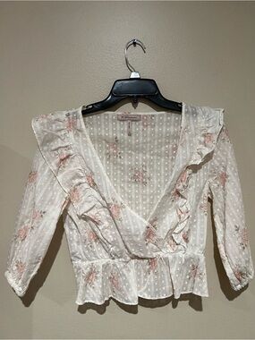 BCBGeneration White Wrap Peplum Blouse with Light Pink Floral